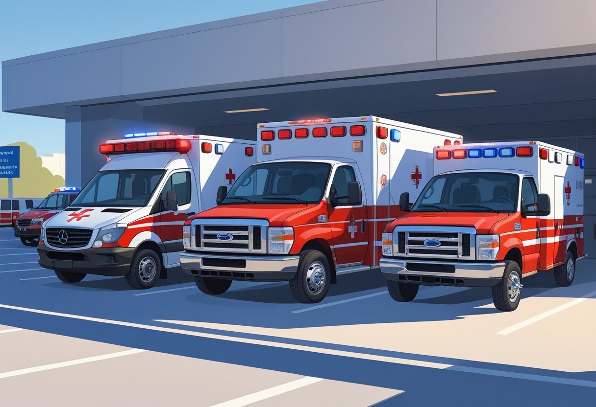 Vários tipos de ambulâncias alinhadas, incluindo ambulância de emergência, ambulância de suporte avançado e ambulância de transporte de pacientes, em um ambiente hospitalar.