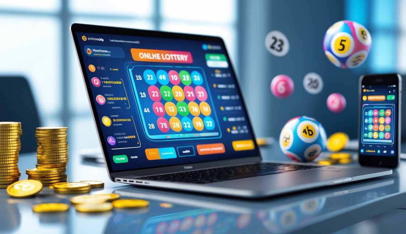 Sebuah laptop dan ponsel di atas meja menampilkan antarmuka lotere online dengan bola lotere dan koin digital di sekitarnya.