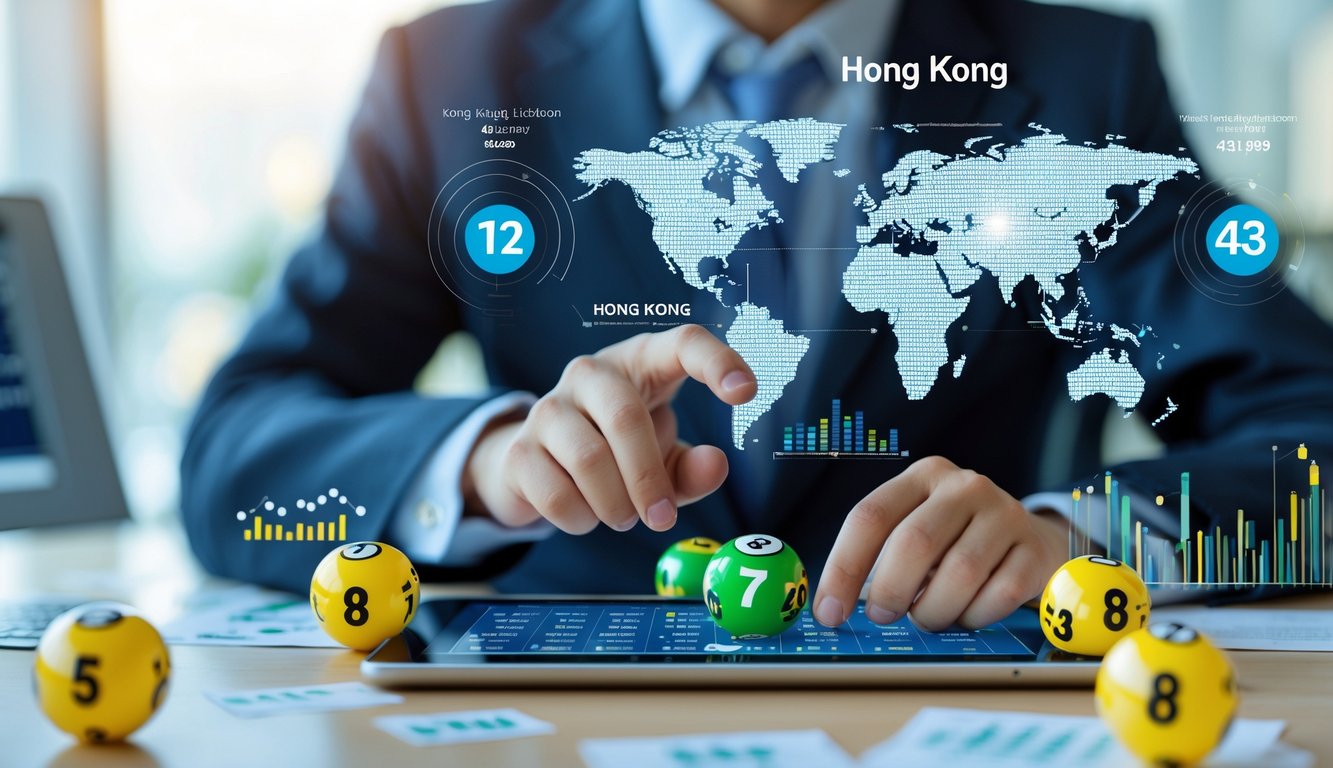 Seorang profesional sedang menganalisis angka togel di kantor modern dengan latar peta Hong Kong dan bola togel mengambang.