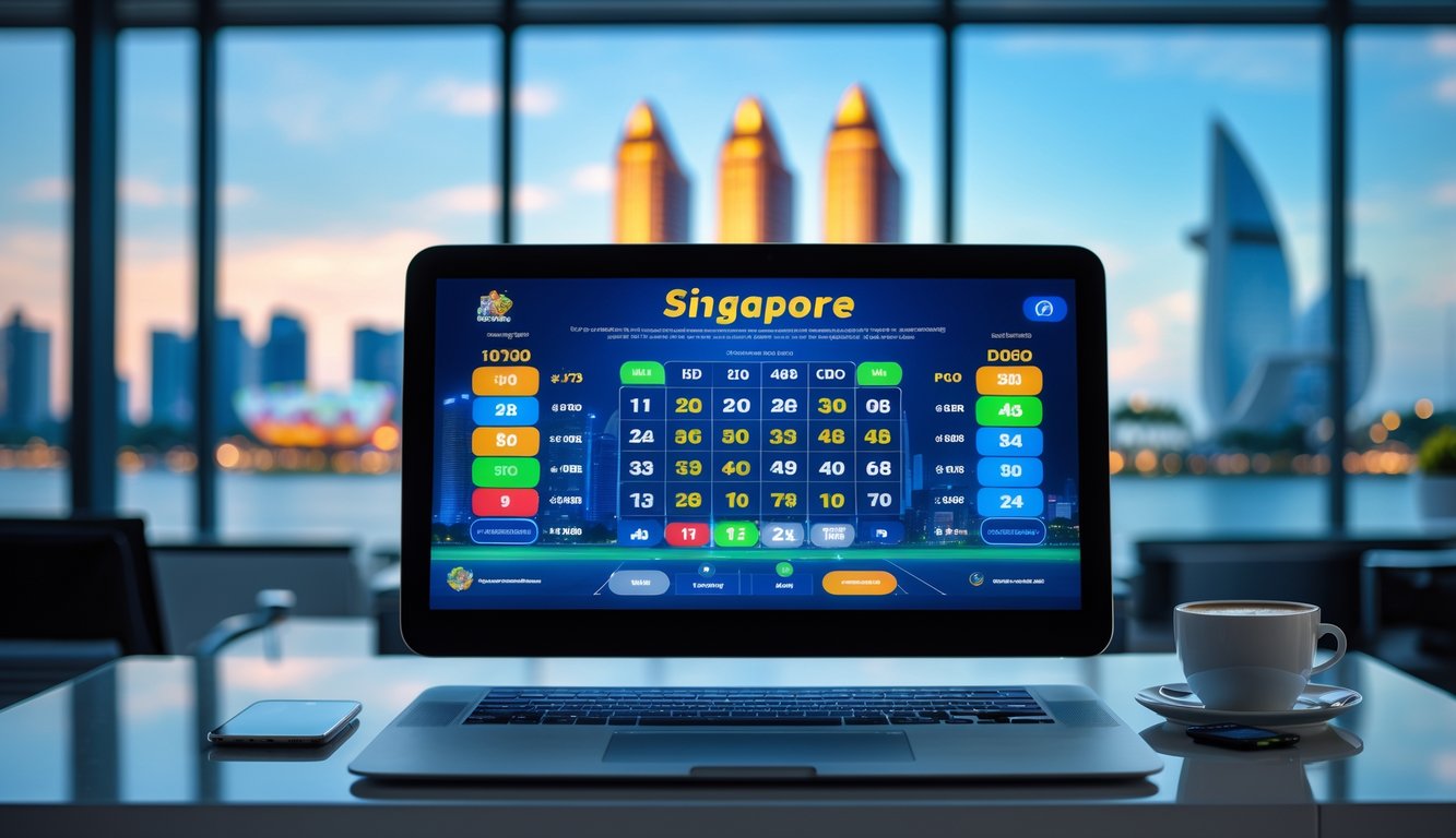 Meja kerja modern dengan layar digital menampilkan angka dan grafik lotere, latar belakang samar dengan pemandangan kota Singapura.