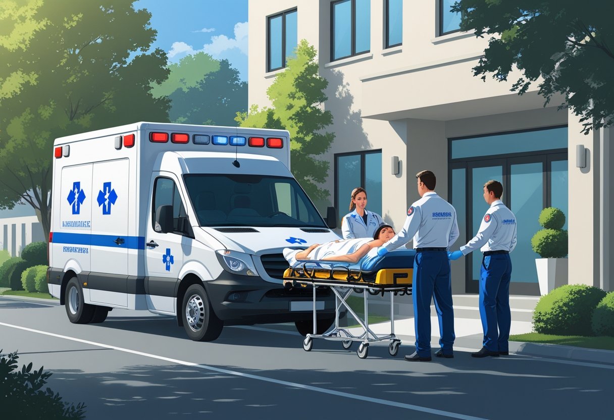 Uma ambulância particular moderna com paramédicos ajudando um paciente em uma maca na frente de um prédio.