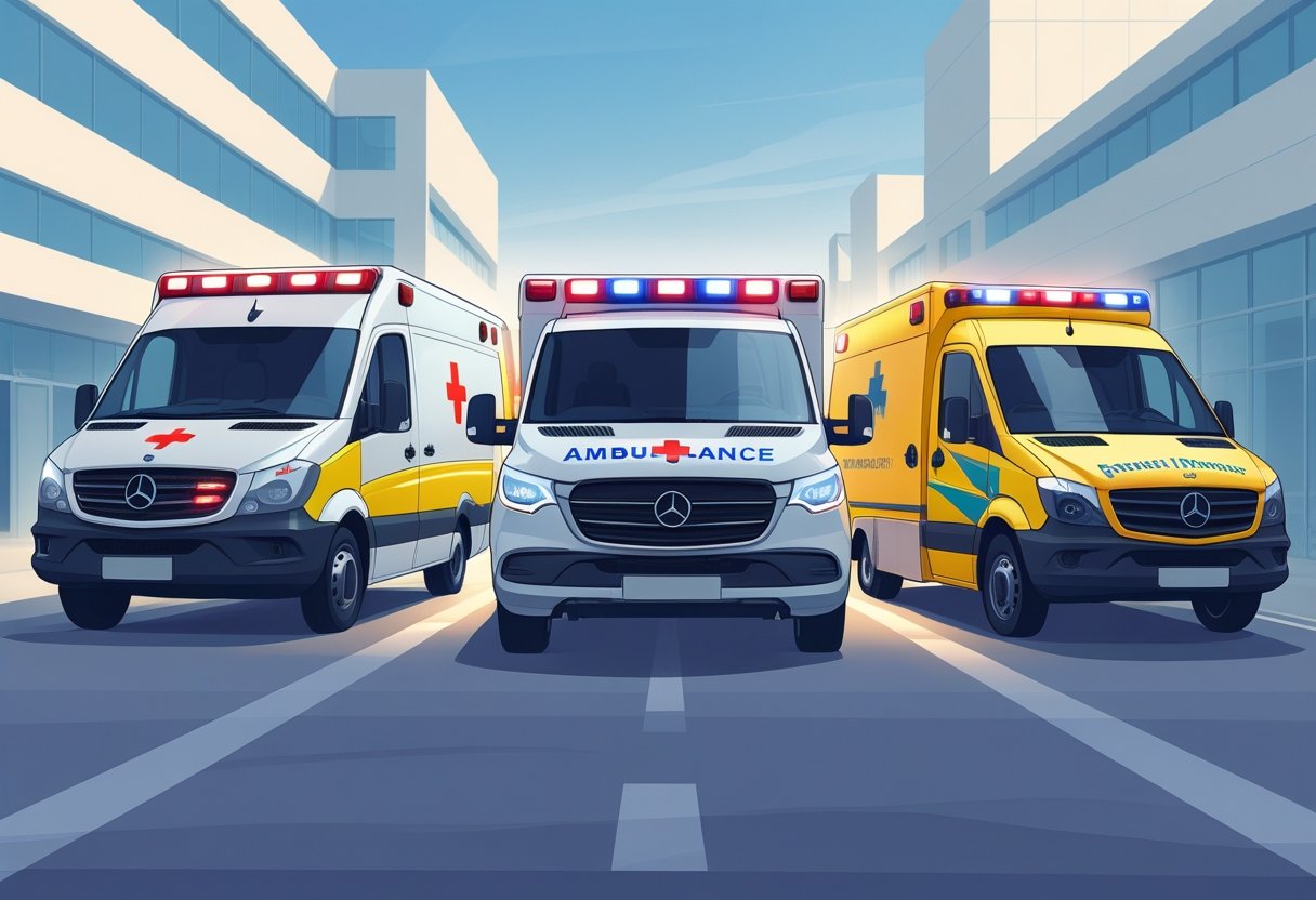 Três tipos principais de ambulâncias particulares alinhadas em frente a um hospital, mostrando diferentes veículos de atendimento médico e transporte de pacientes.