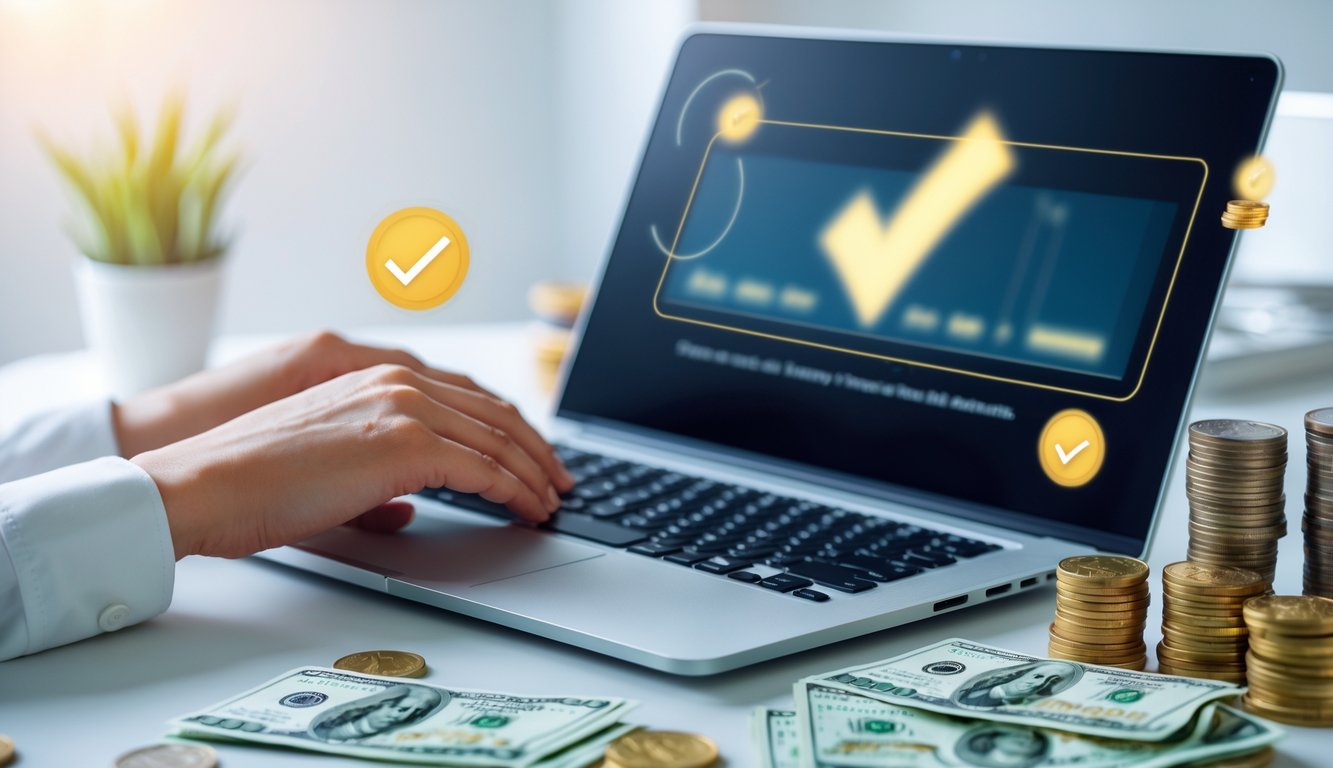 Tangan seseorang menggunakan laptop di meja dengan koin dan uang di sekitarnya, menggambarkan aktivitas togel online tanpa potongan.