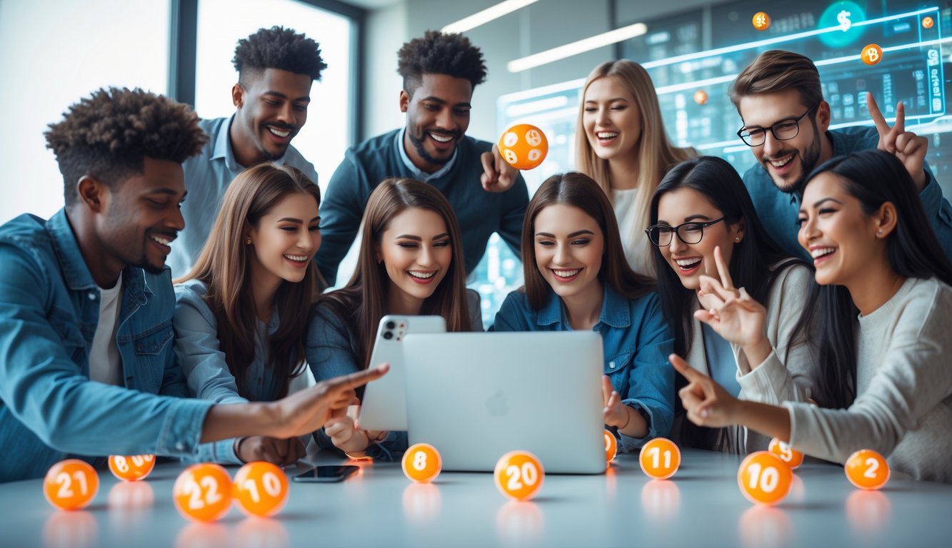 Sekelompok orang muda sedang menggunakan laptop dan ponsel untuk bermain togel online di ruang kerja yang terang.