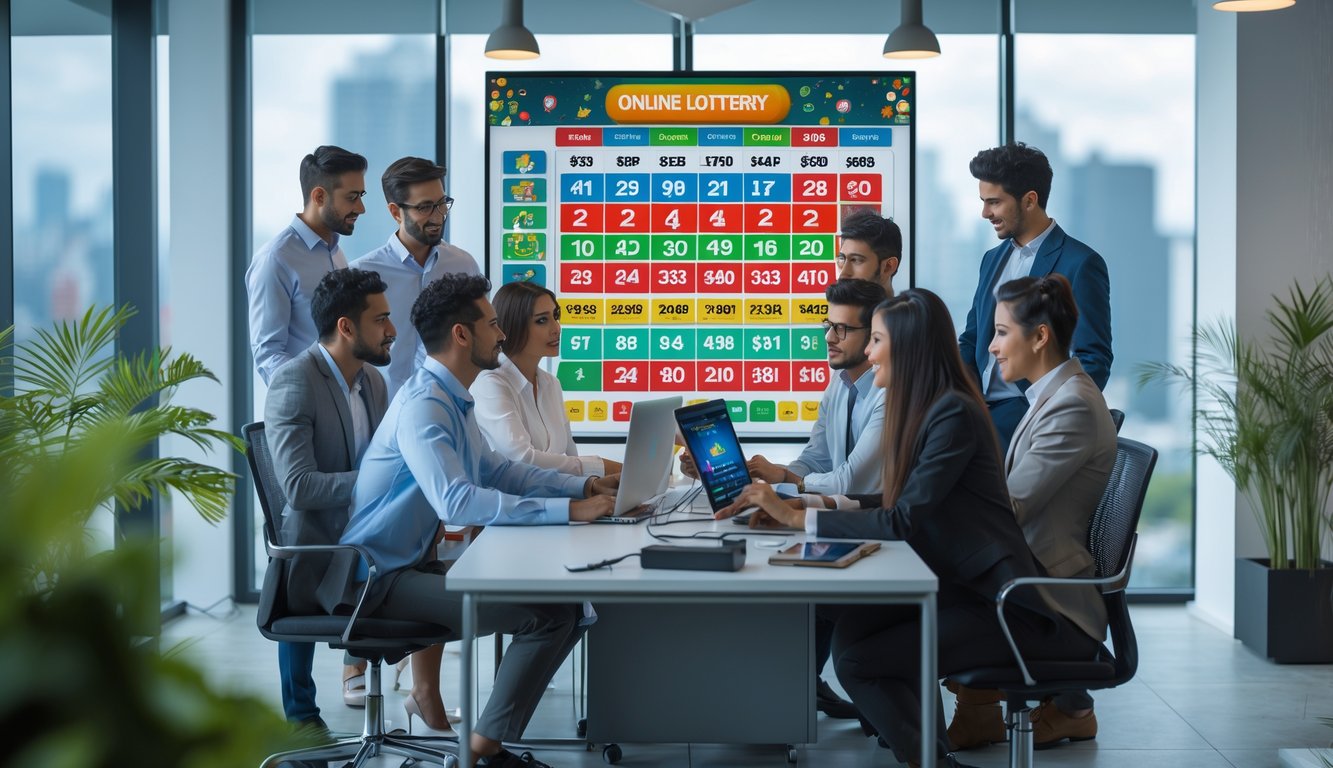 Sekelompok profesional muda sedang bekerja di kantor modern dengan layar komputer menampilkan angka togel dan grafik.