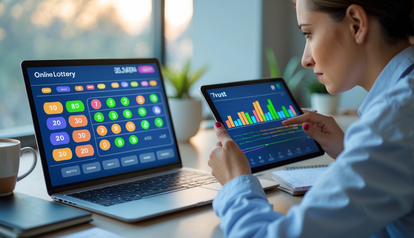 Seseorang sedang menggunakan laptop dan tablet di meja kerja yang rapi dengan cahaya alami, fokus pada analisis data lotere online.