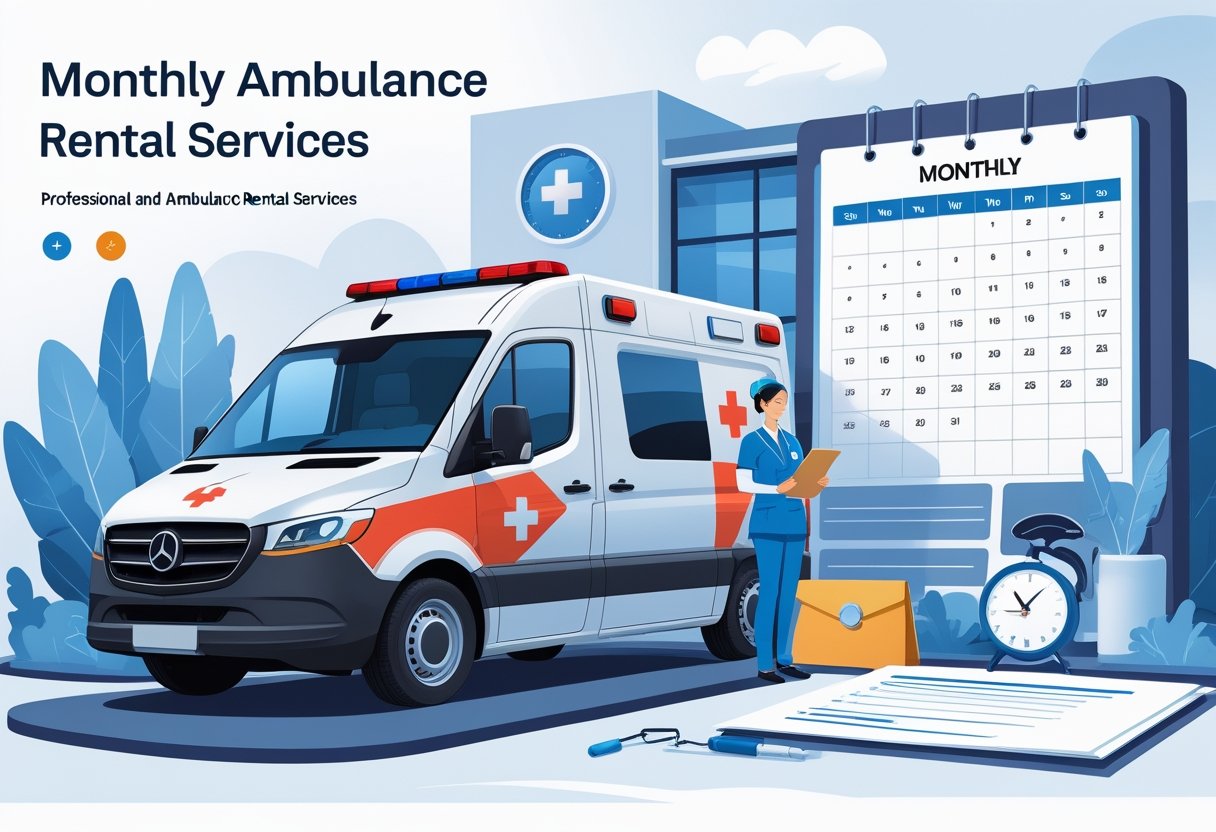 Uma ambulância moderna estacionada em frente a um hospital, com um profissional de saúde ao lado segurando uma prancheta e um calendário ao fundo mostrando um planejamento mensal.