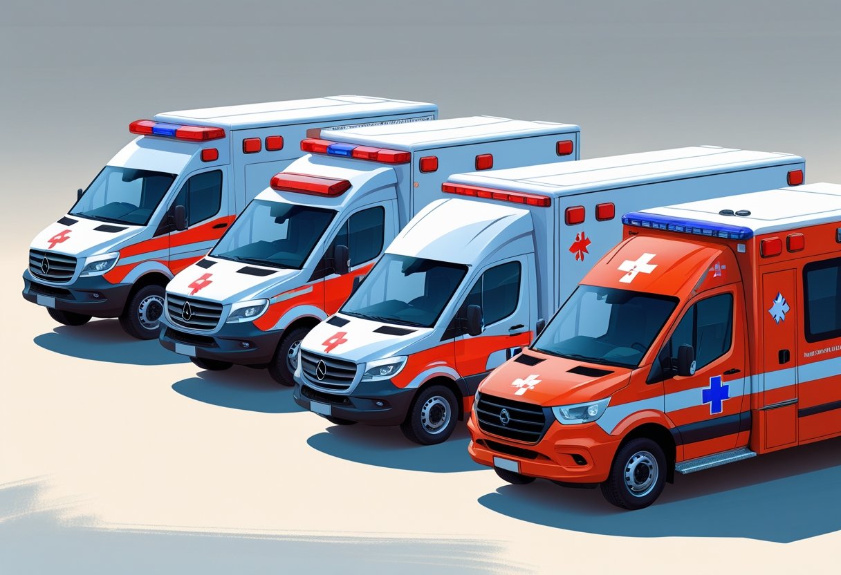 Vários tipos principais de ambulâncias alinhadas lado a lado em um estacionamento, mostrando diferentes modelos usados para atendimento médico de emergência.