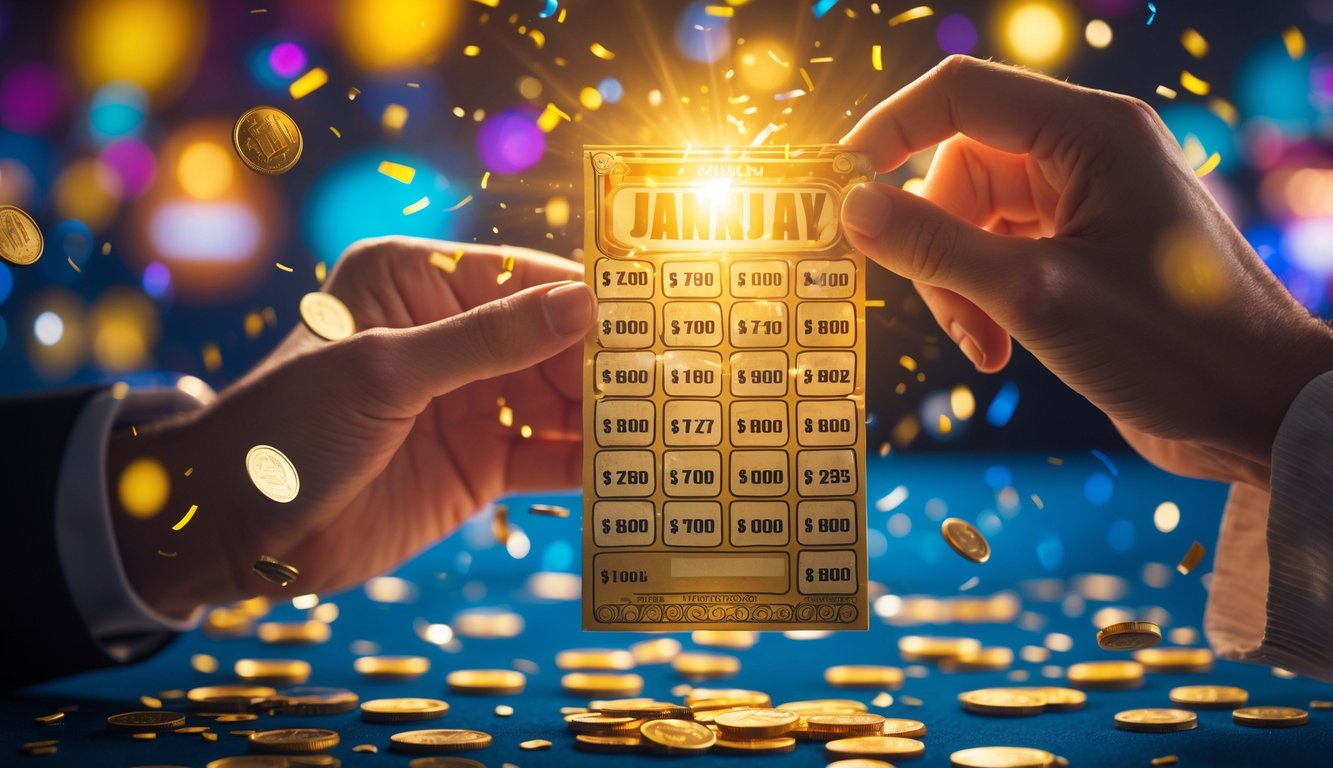 Tangan memegang tiket lotre yang menang dengan latar belakang perayaan dan koin berkilauan