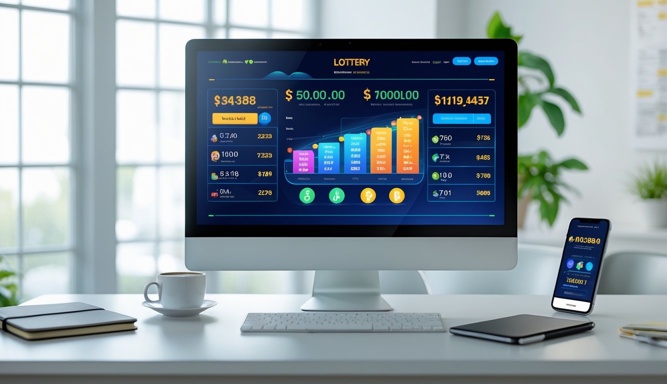 Layar komputer di meja kantor menampilkan antarmuka permainan lotre online dengan grafik dan angka berwarna-warni.