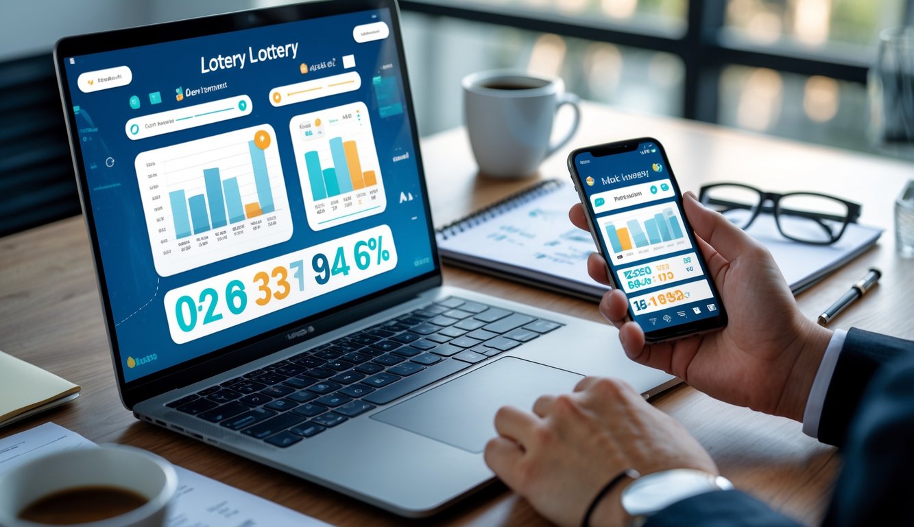 Seseorang menggunakan laptop dan ponsel di meja kerja untuk menganalisis angka togel secara online.