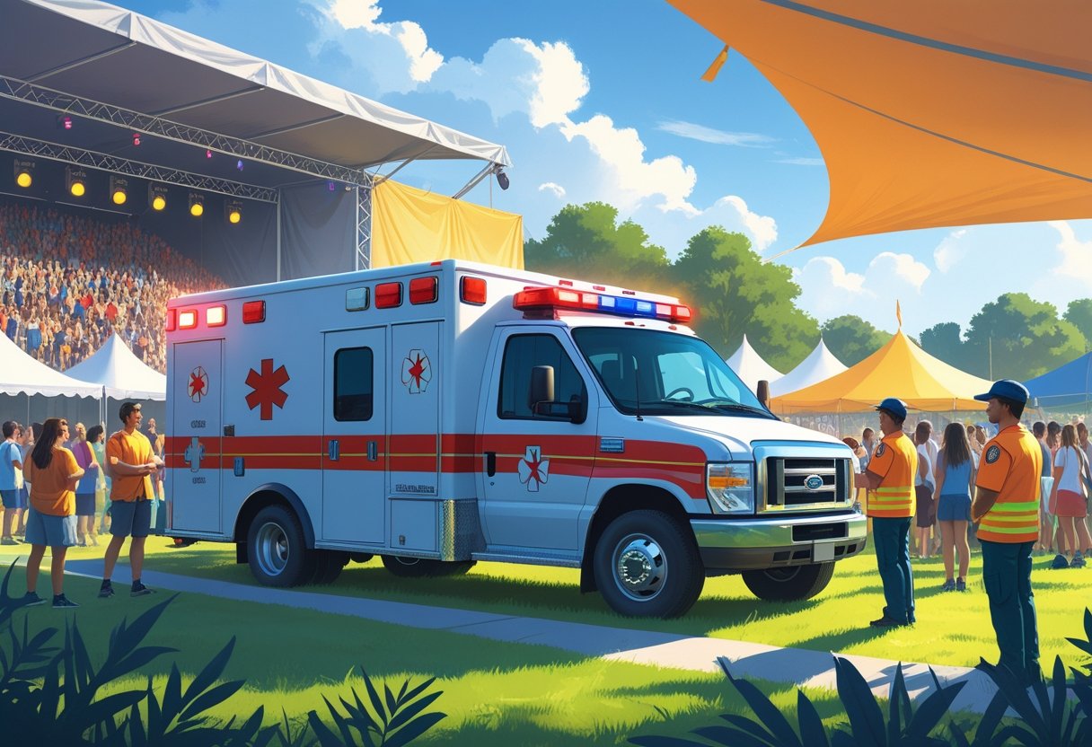 Uma ambulância estacionada próxima a um grande evento ao ar livre, com pessoas e profissionais de saúde ao redor, mostrando a importância do atendimento médico em eventos.