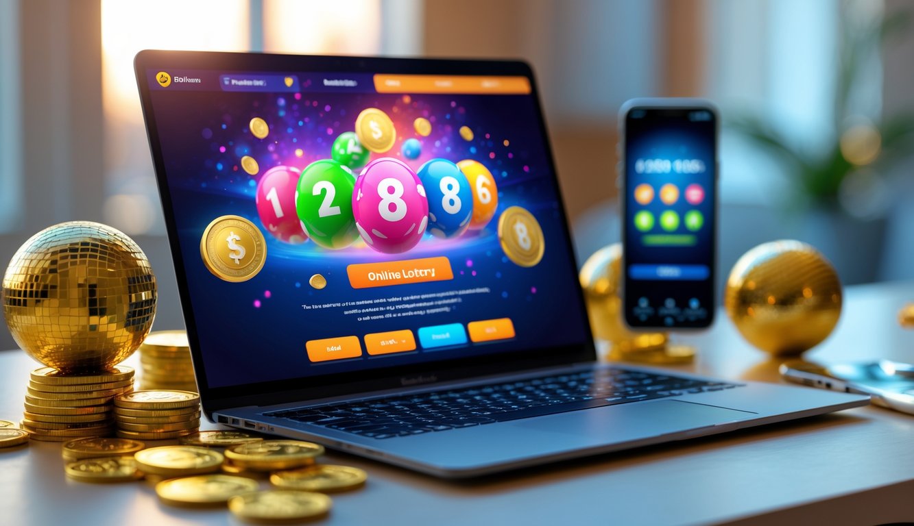 Sebuah meja kerja modern dengan laptop dan ponsel yang menampilkan permainan lotere online, dikelilingi oleh koin emas dan bola lotere.