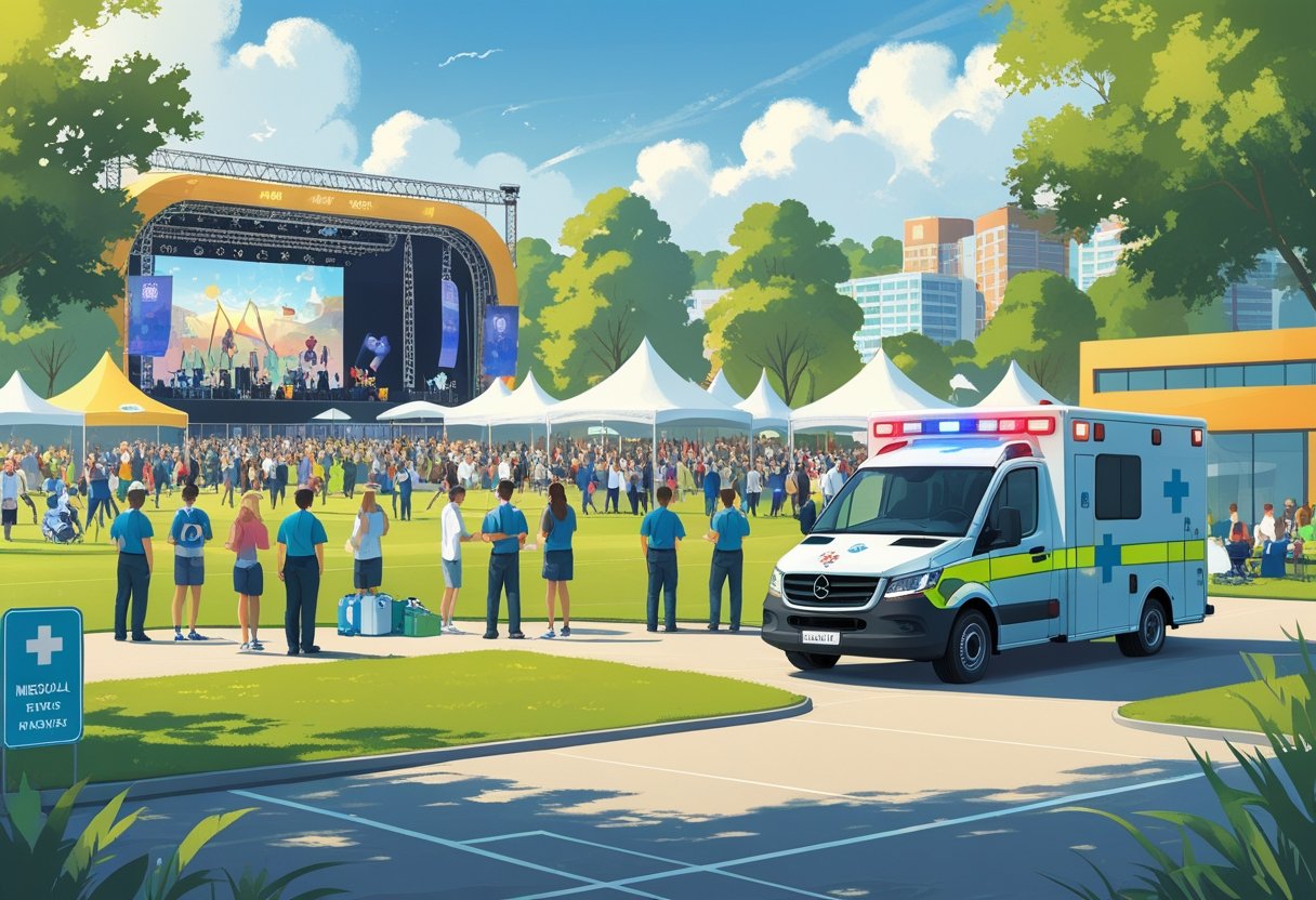 Uma ambulância estacionada próxima a um evento ao ar livre com pessoas participando de atividades, mostrando paramédicos prontos para atender emergências.