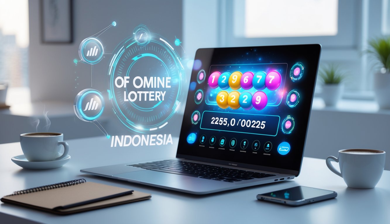 Seorang pengguna sedang menggunakan perangkat digital dengan tampilan antarmuka lotere online yang modern di meja kerja yang rapi.