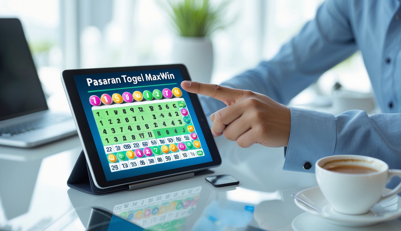 Seseorang menunjuk layar tablet yang menampilkan angka togel di meja kerja dengan latar belakang kantor modern.