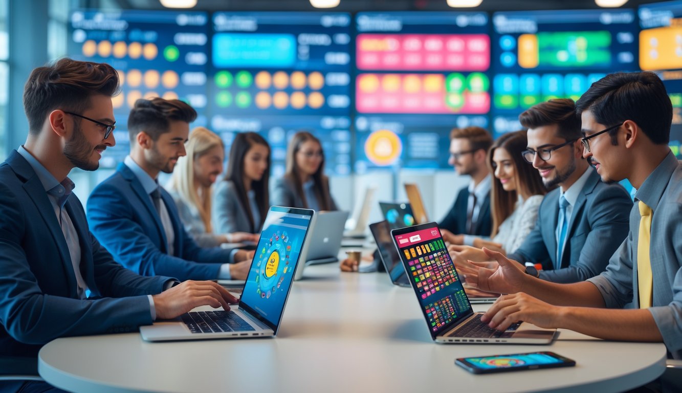 Sekelompok profesional muda bekerja dengan perangkat digital di kantor modern yang terang dan ramai, fokus pada aktivitas terkait lotere online.