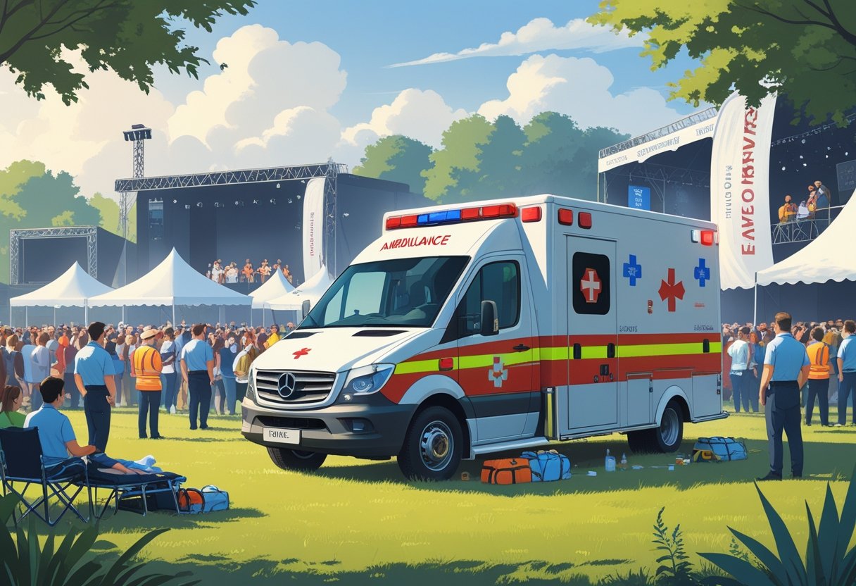 Ambulância estacionada em um evento ao ar livre com pessoas e equipe médica pronta para atendimento.