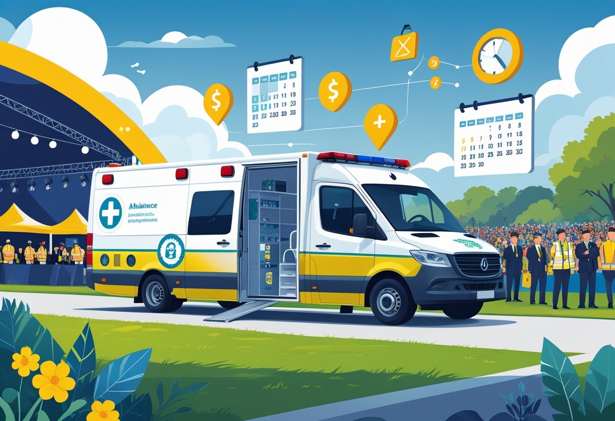 Ambulância estacionada próxima a um evento ao ar livre com pessoas, tendas e equipe médica preparada, mostrando elementos que representam fatores que influenciam o preço do aluguel.