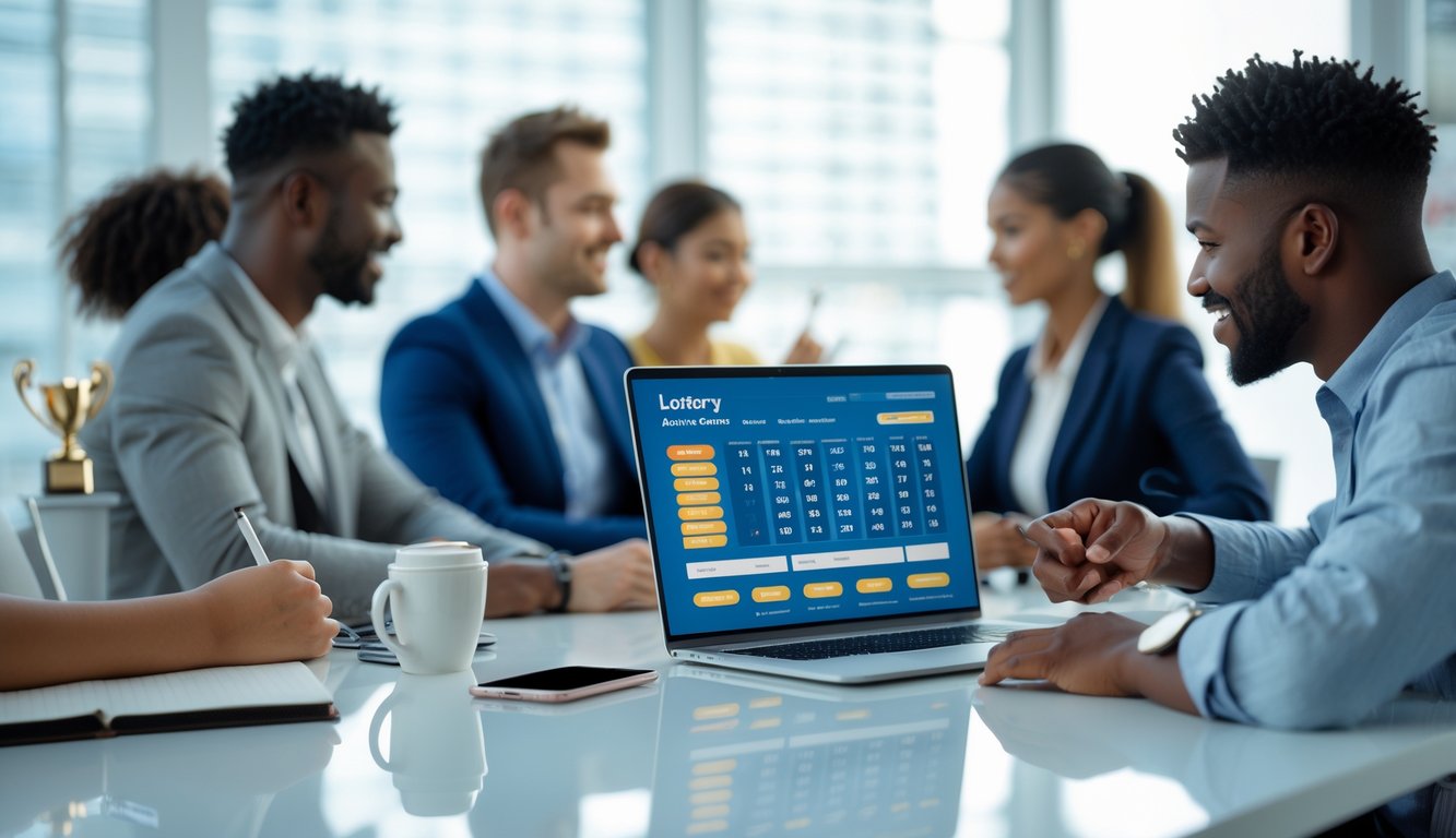 Seorang pria duduk di depan laptop di ruang kerja yang terang, terlihat fokus pada permainan togel online dengan suasana optimis dan profesional.