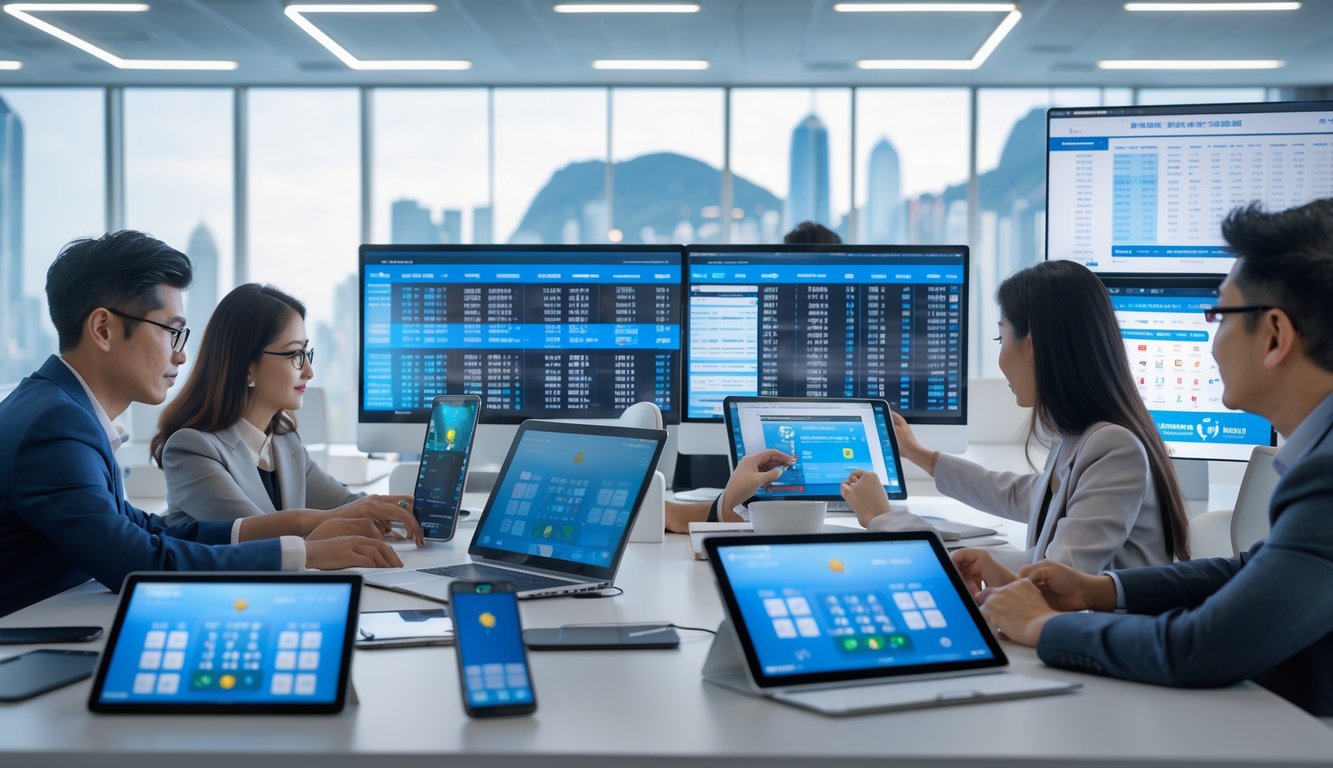 Orang-orang bekerja di kantor modern dengan komputer yang menampilkan data dan hasil lotere, latar belakang menunjukkan siluet kota Hong Kong.