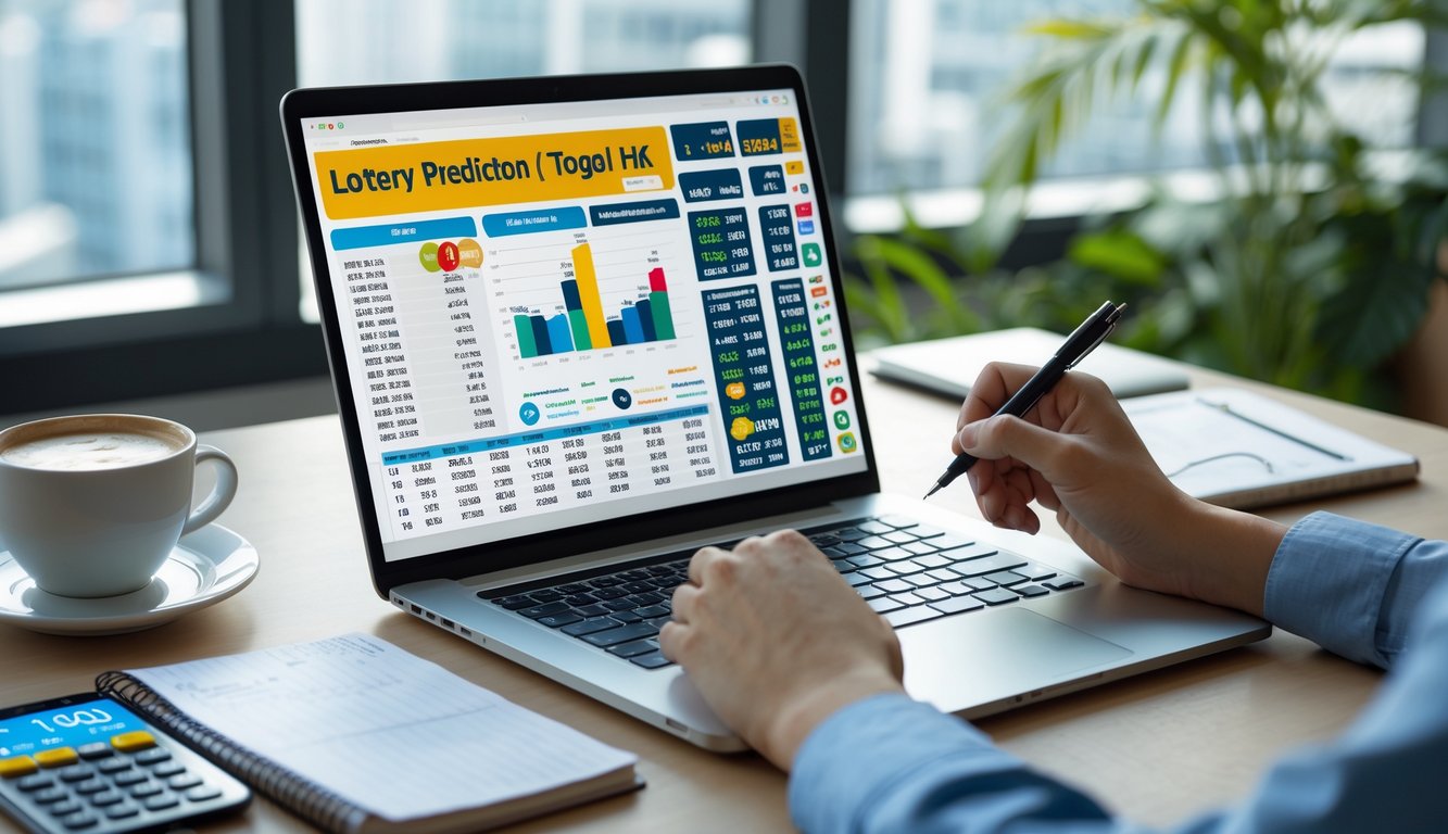 Seseorang sedang menganalisis data togel dengan laptop dan alat tulis di meja kerja yang rapi.