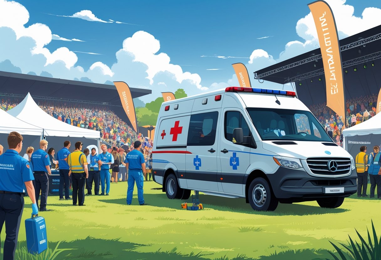 Ambulância estacionada em um evento ao ar livre com pessoas e equipe médica ao redor, mostrando preparação para emergências.