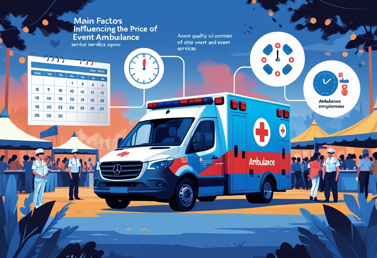 Uma ambulância estacionada em um evento ao ar livre, cercada por ícones que representam fatores como duração do evento, localização, horário, equipe médica e equipamentos, com pessoas e estruturas de evento ao fundo.