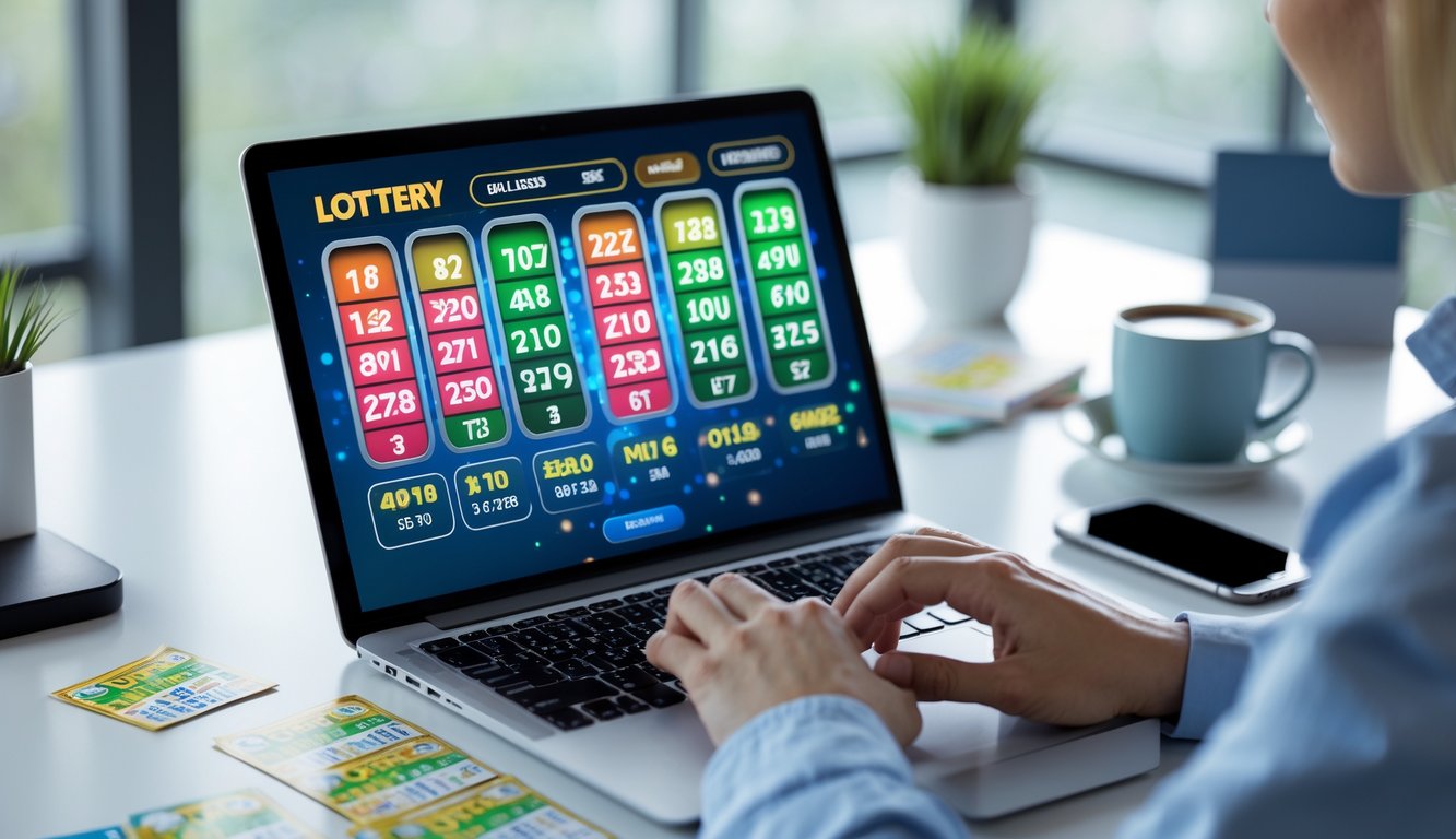 Seseorang menggunakan laptop di meja kerja dengan layar menampilkan antarmuka permainan lotre online, dikelilingi oleh cangkir kopi dan tiket lotre.