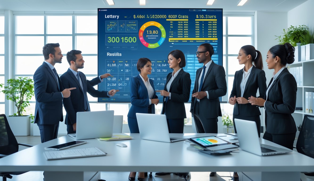 Sekelompok profesional bisnis sedang menganalisis data di ruang kantor modern dengan layar digital besar yang menampilkan grafik dan angka.