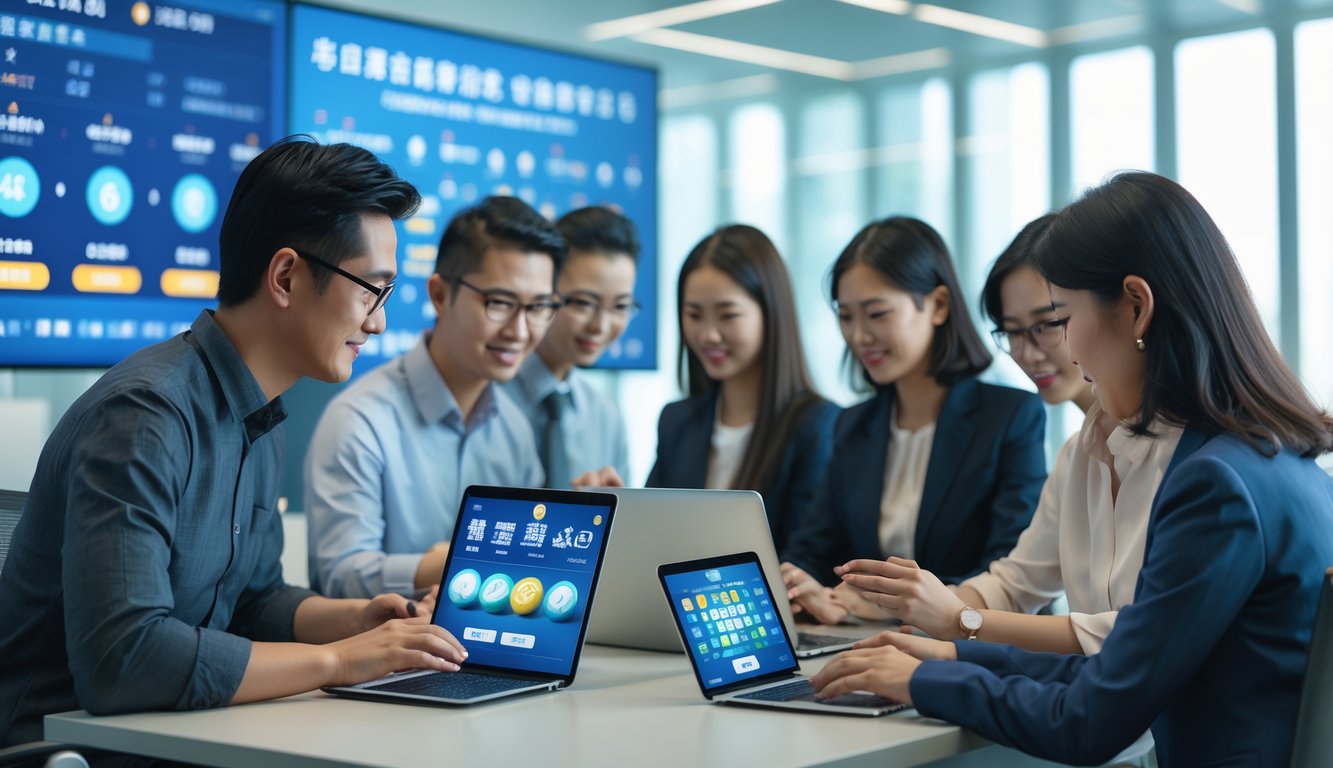 Orang-orang menggunakan perangkat digital di kantor modern yang terang, dengan latar belakang grafik dan angka terkait aktivitas taruhan togel.