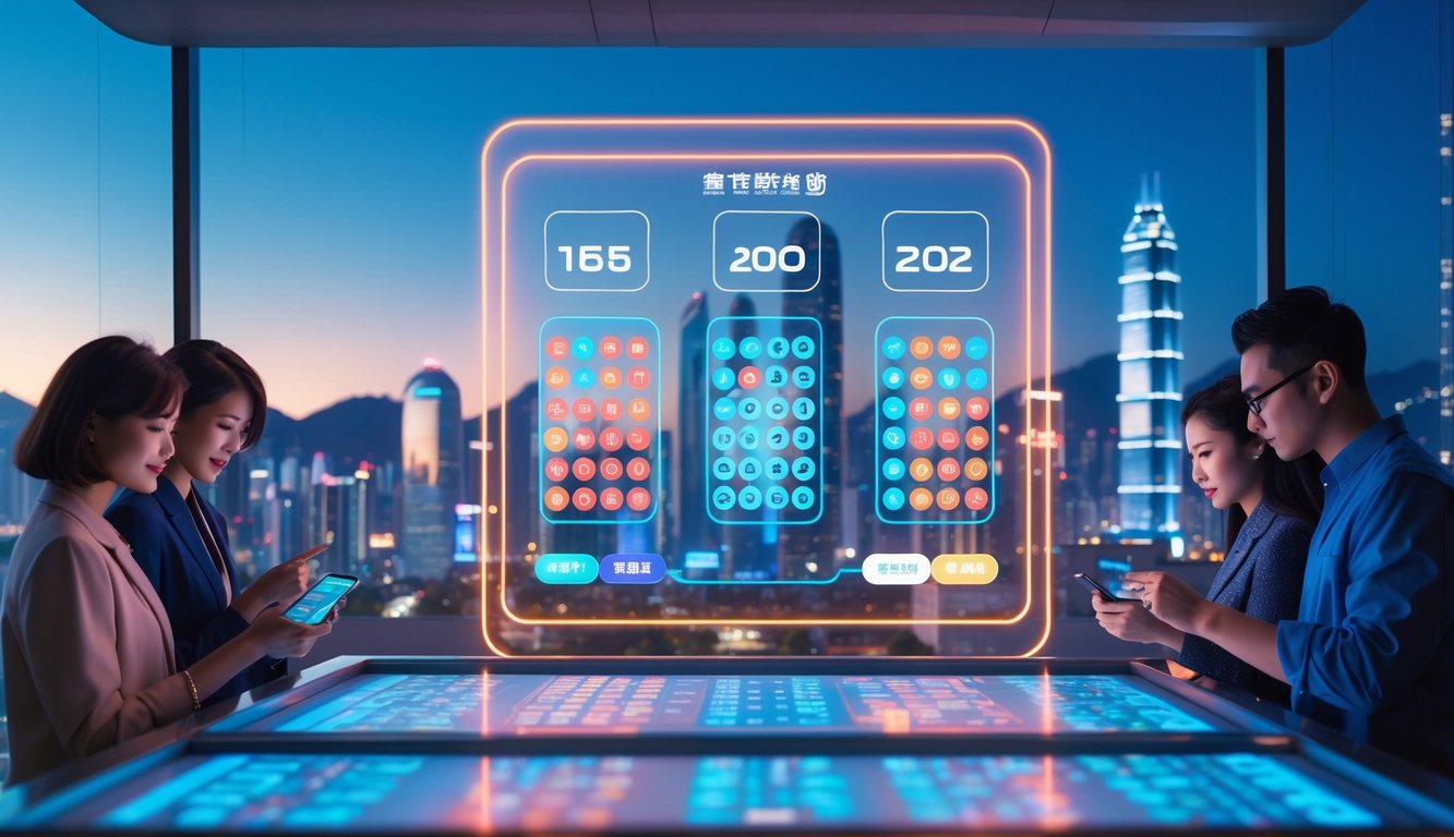 Suasana modern dengan orang-orang yang fokus menggunakan perangkat digital di latar kota Hong Kong dengan gedung pencakar langit dan papan angka lotre digital yang berwarna-warni.