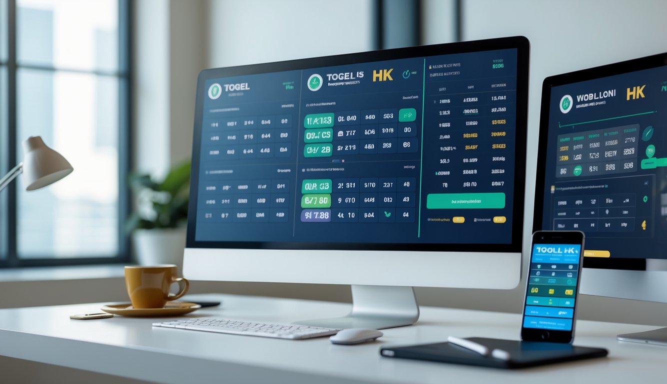 Sebuah meja kerja dengan komputer menampilkan angka dan data togel Hong Kong, dengan suasana terang dan rapi.