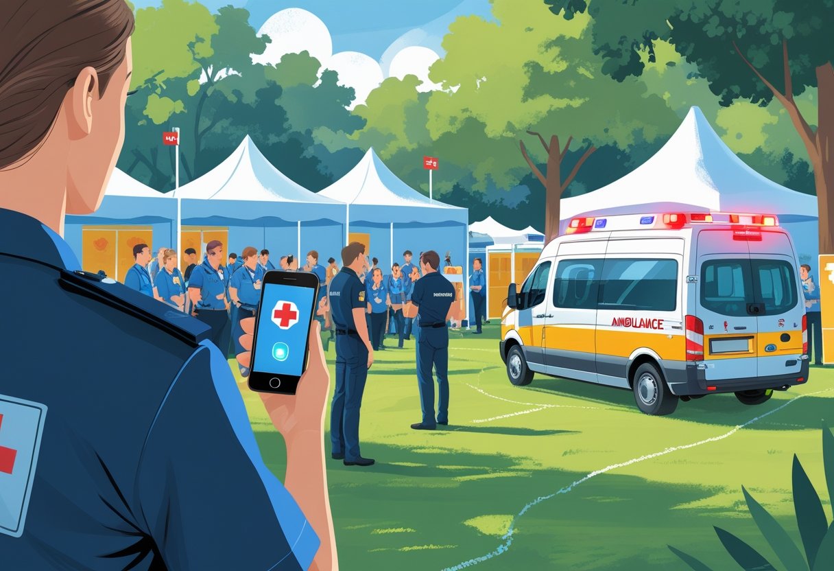 Pessoa usando smartphone para solicitar ambulância em evento ao ar livre com ambulância e equipe médica pronta para atendimento.