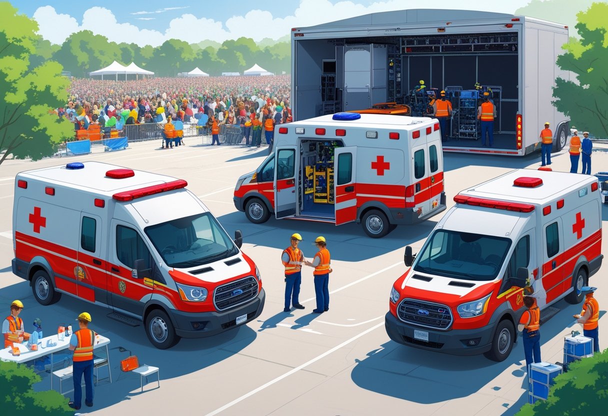 Diferentes tipos de ambulâncias estacionadas próximas a um evento ao ar livre, com profissionais de saúde preparando equipamentos e pessoas ao fundo.