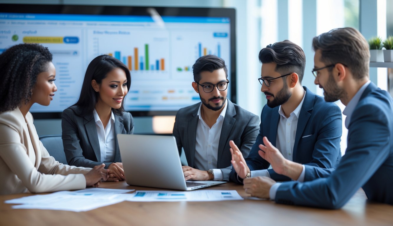 Sekelompok orang sedang berdiskusi serius di kantor modern dengan laptop dan dokumen di atas meja.