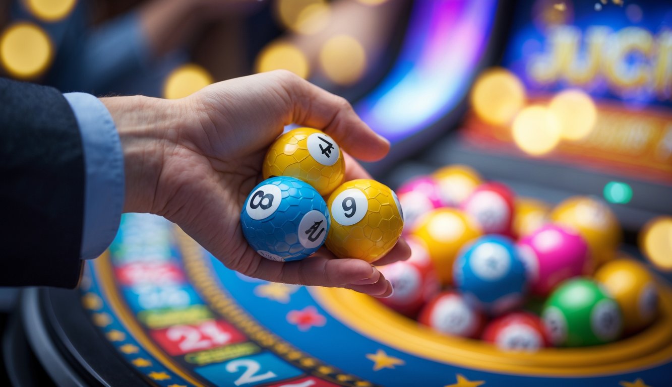 Tangan memegang bola lotere berwarna-warni dengan angka terlihat jelas, latar belakang mesin undian dan suasana penuh semangat.