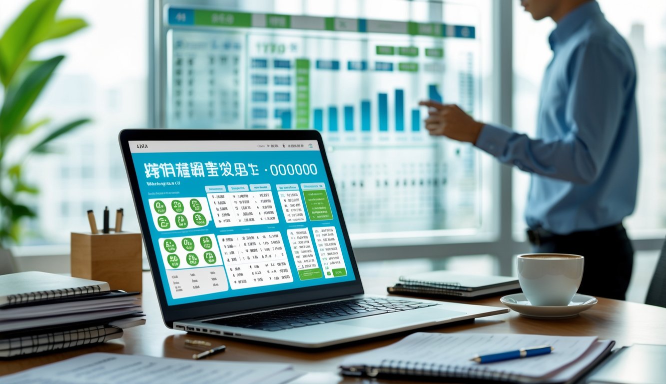 Seorang pria sedang menganalisis data angka dan grafik di kantor dengan laptop dan alat tulis di meja.