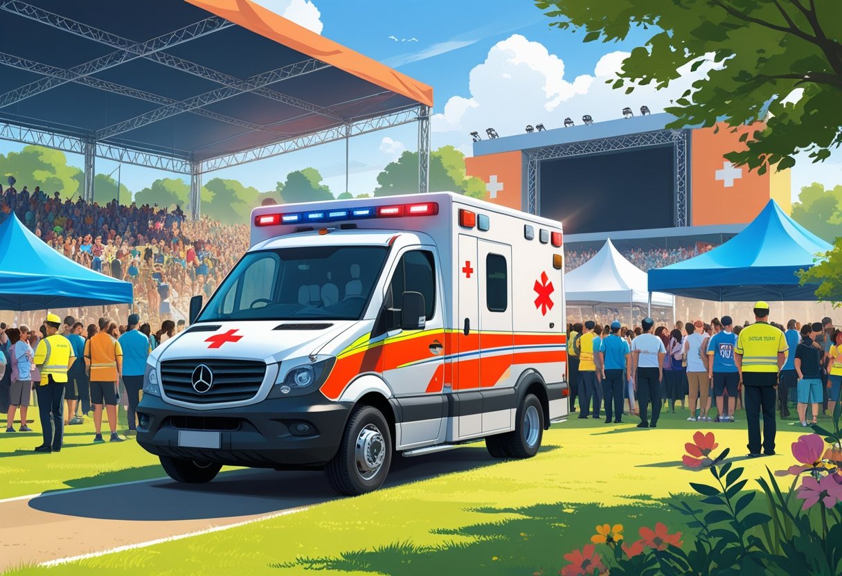 Ambulância estacionada em um evento ao ar livre com pessoas ao redor e profissionais de saúde atentos.
