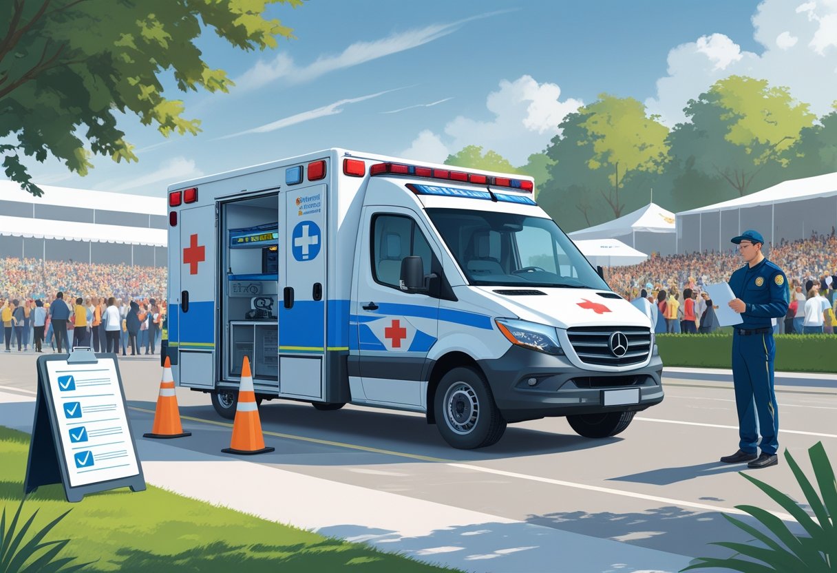Ambulância moderna estacionada perto de um evento ao ar livre com um paramédico uniformizado verificando documentos, mostrando preparação e conformidade com normas de segurança.