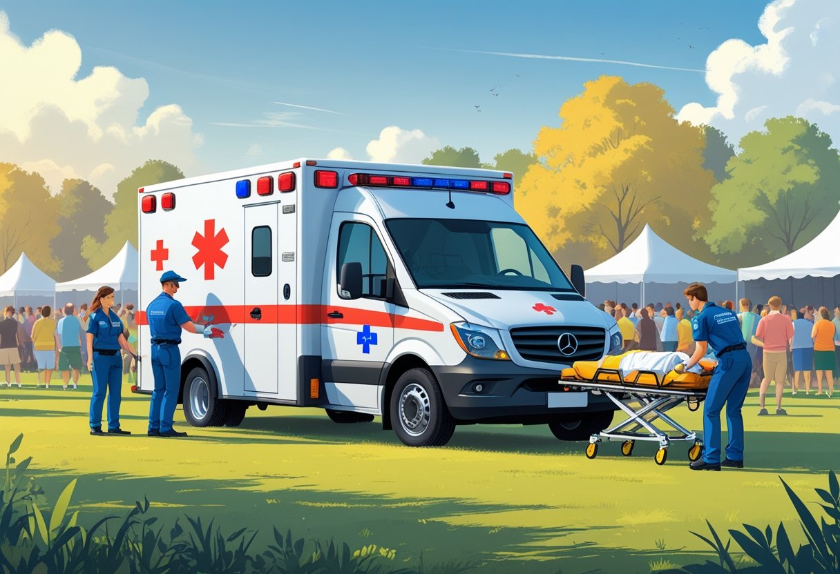 Ambulância estacionada em um evento ao ar livre com paramédicos atendendo uma pessoa em uma maca, com uma multidão e estruturas de evento ao fundo.
