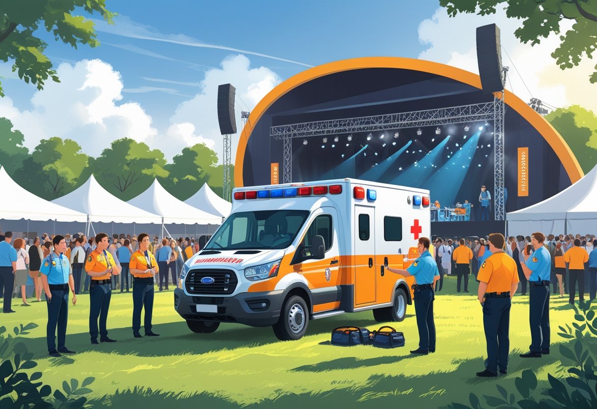 Ambulância estacionada em evento ao ar livre com paramédicos atendendo pessoas, mostrando segurança e preparo.