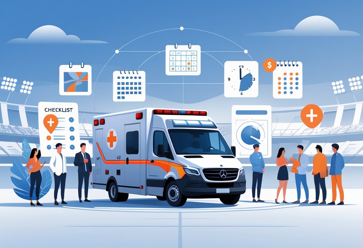 Uma ambulância cercada por símbolos que representam fatores que influenciam o valor do aluguel para eventos, com um cenário de evento ao fundo.