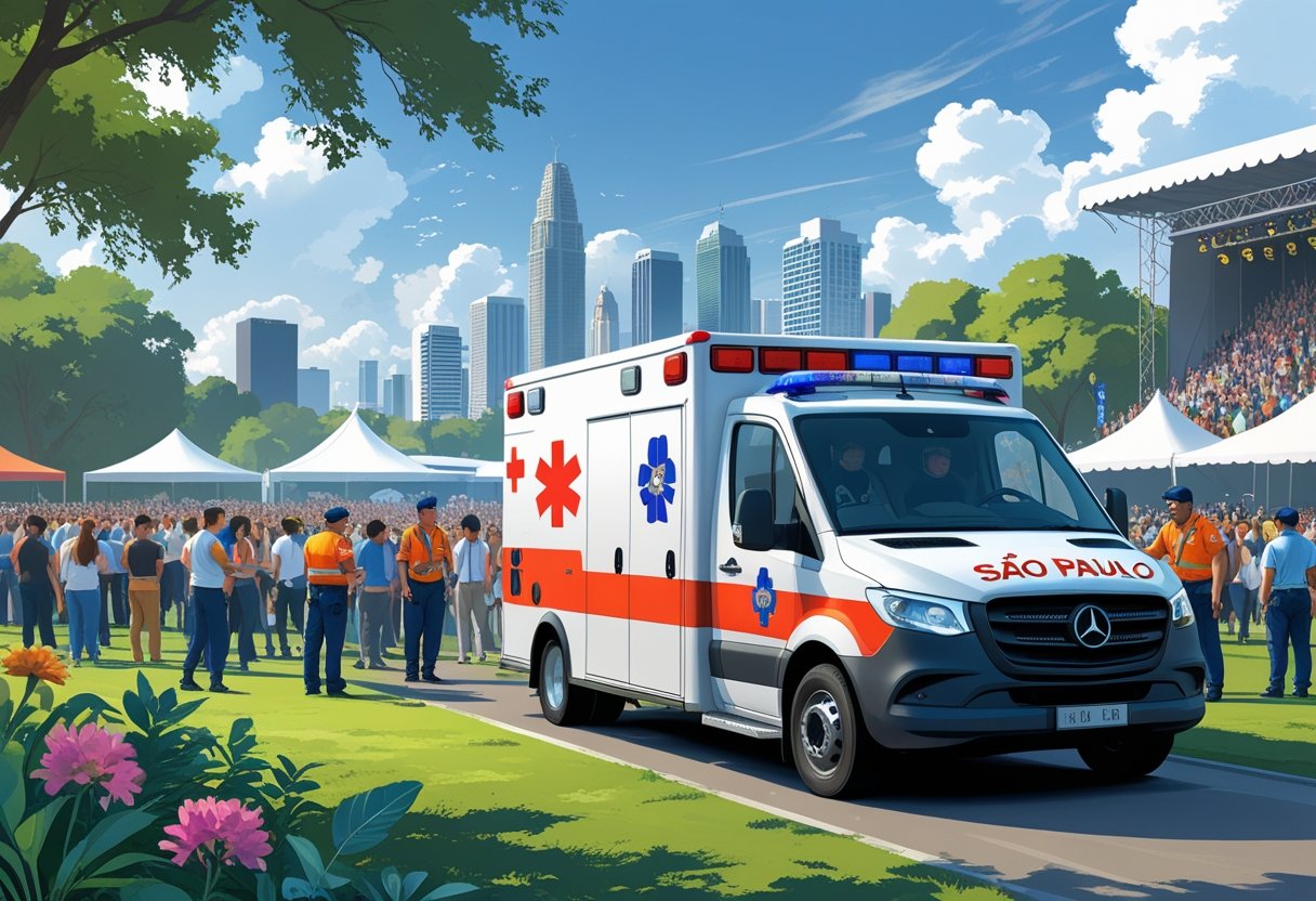 Uma ambulância de São Paulo estacionada próxima a um evento ao ar livre com pessoas e paramédicos atendendo participantes, com a cidade de São Paulo ao fundo.