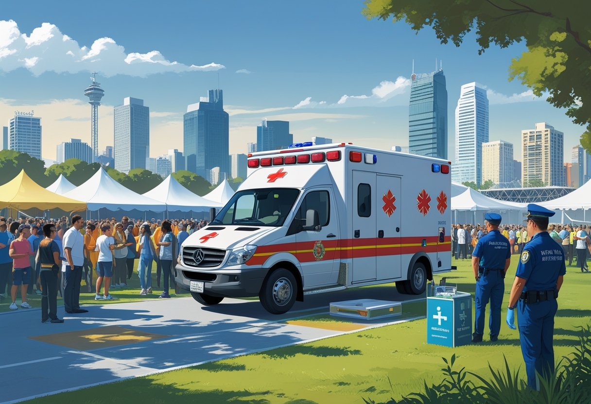 Ambulância estacionada em um evento ao ar livre em São Paulo, com pessoas ao redor, equipe médica e estrutura do evento ao fundo.