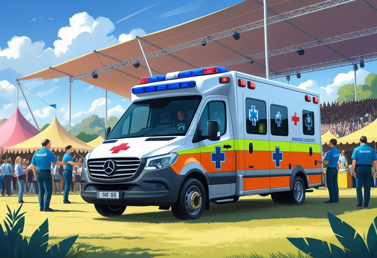 Uma ambulância para evento estacionada em um local ao ar livre com pessoas e estrutura de evento ao redor.