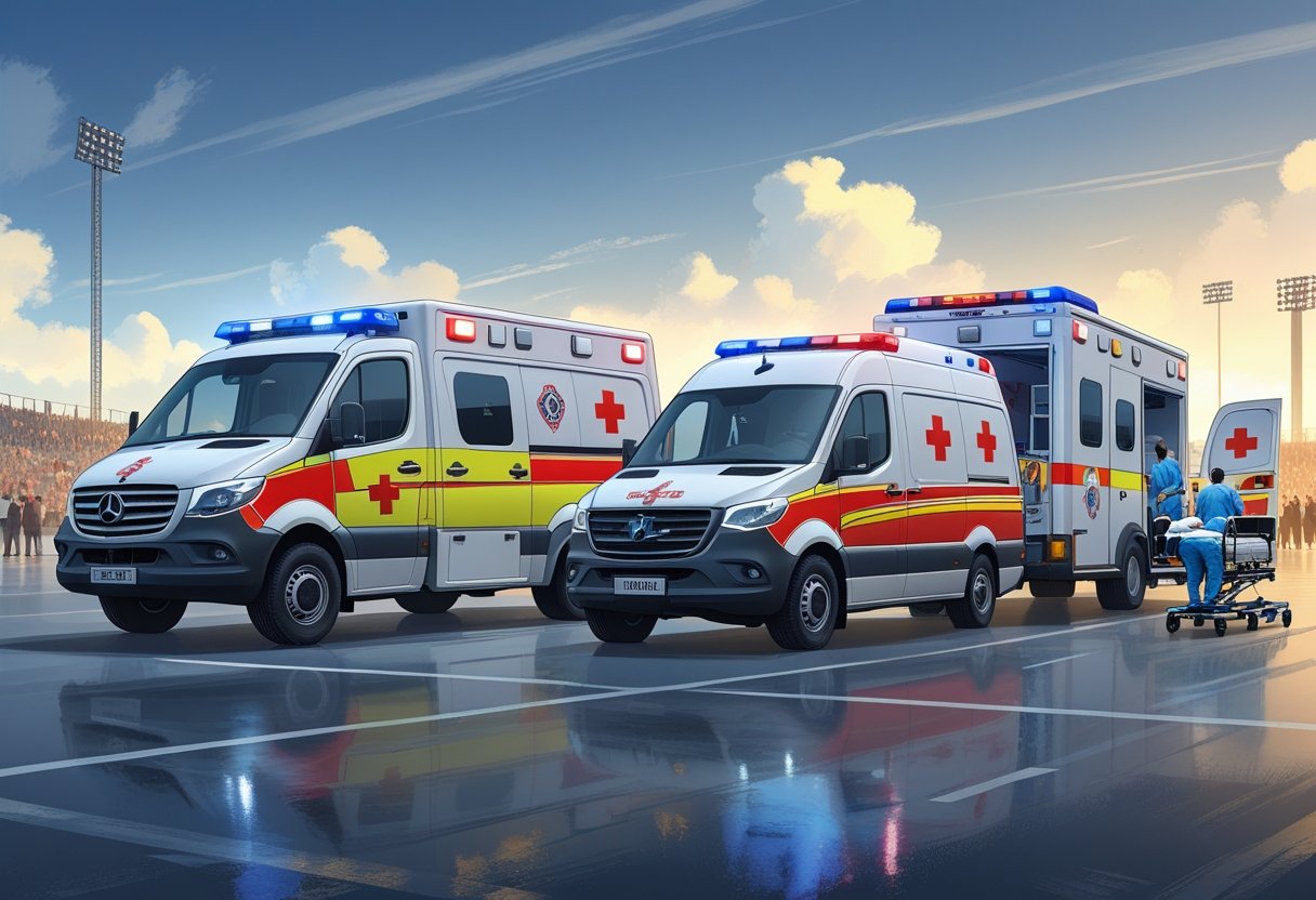 Vários tipos de ambulâncias para eventos alinhadas, incluindo uma ambulância de emergência, um veículo de resposta rápida e uma unidade médica móvel, com equipamentos médicos visíveis e um cenário de evento ao fundo.