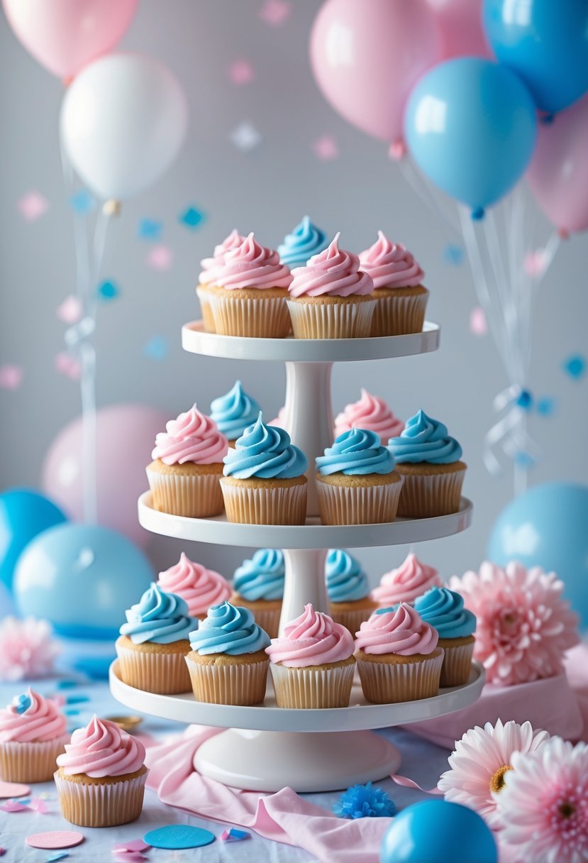 A cupcake stand with pink and blue frosted cupcakes arranged on a decorated table for a gender reveal celebration.