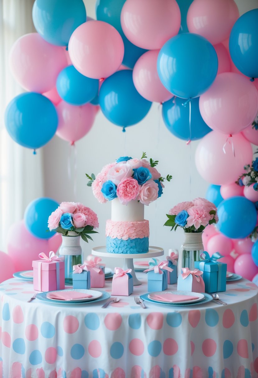 A table set for a gender reveal party with a white tablecloth covered in pink and blue polka dots, decorated with balloons, gift boxes, and floral centerpieces in pink and blue.