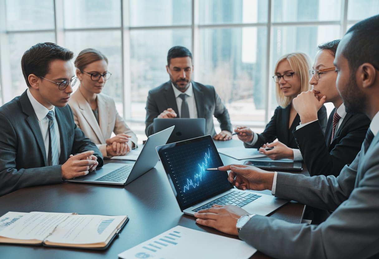 Wanneer is een aandeelhoudersovereenkomst écht toekomstproof? Volledig overzicht 1 Een groep professionals zit rond een vergadertafel in een modern kantoor, bezig met een zakelijke bespreking over toekomstbestendige afspraken.